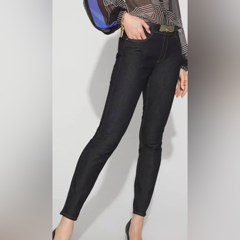 WHBM Classic Skinny Low Rise Dark Wash Rinse Lurex Glitter Jeans Size 4 NWT